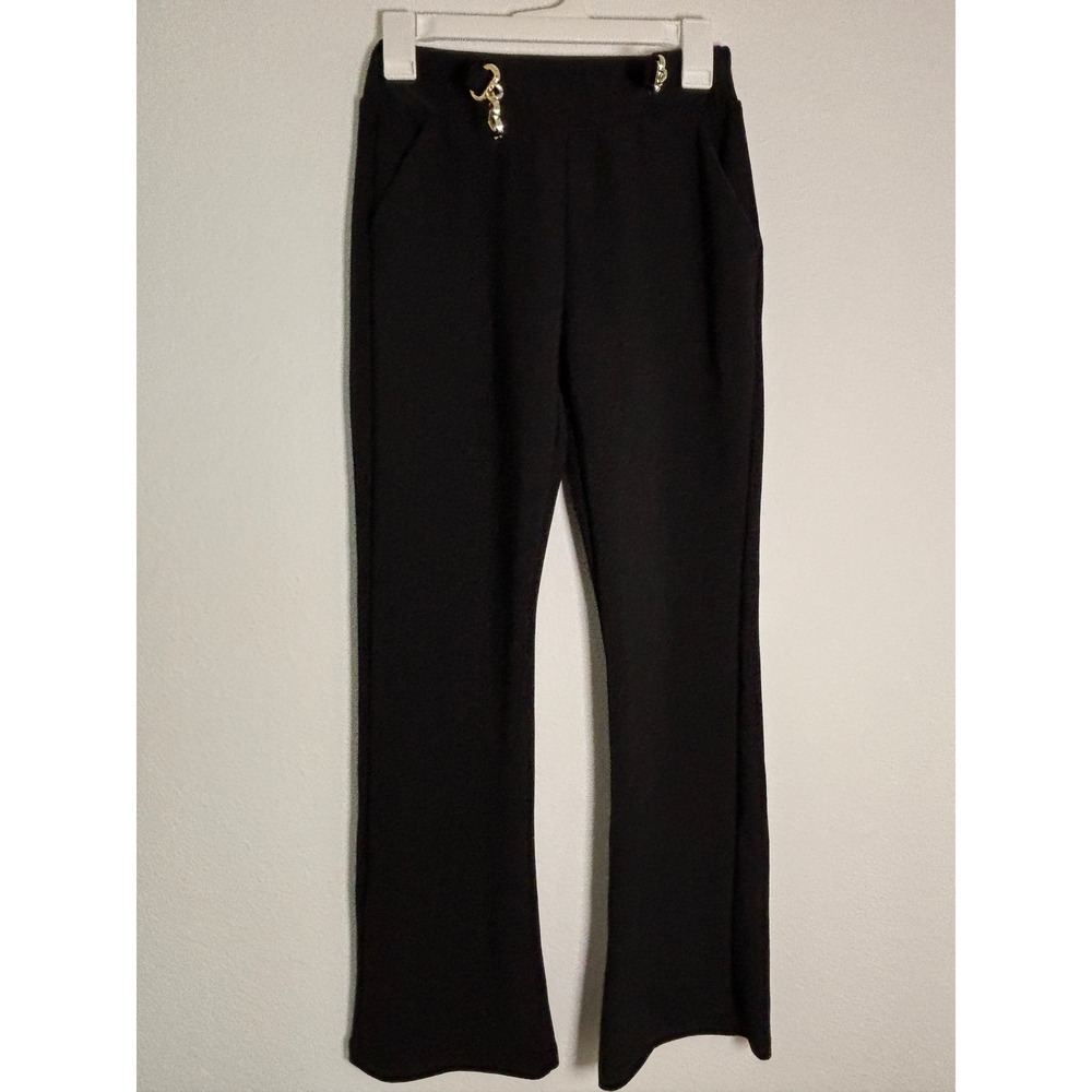 Just We‎ Womens Black Flare Leg Pants Gold Heart Buckle Size Medium High Waist